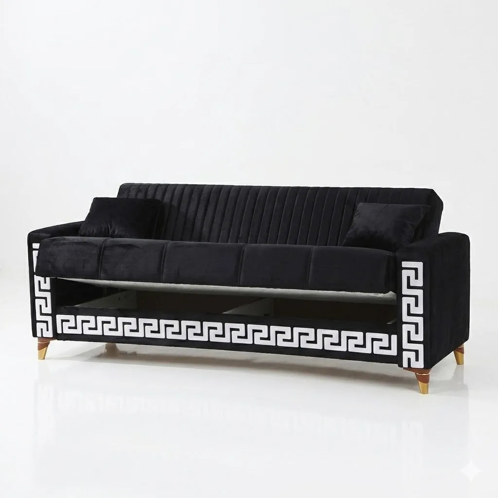 Black sofa with decorative white patterns on a white background