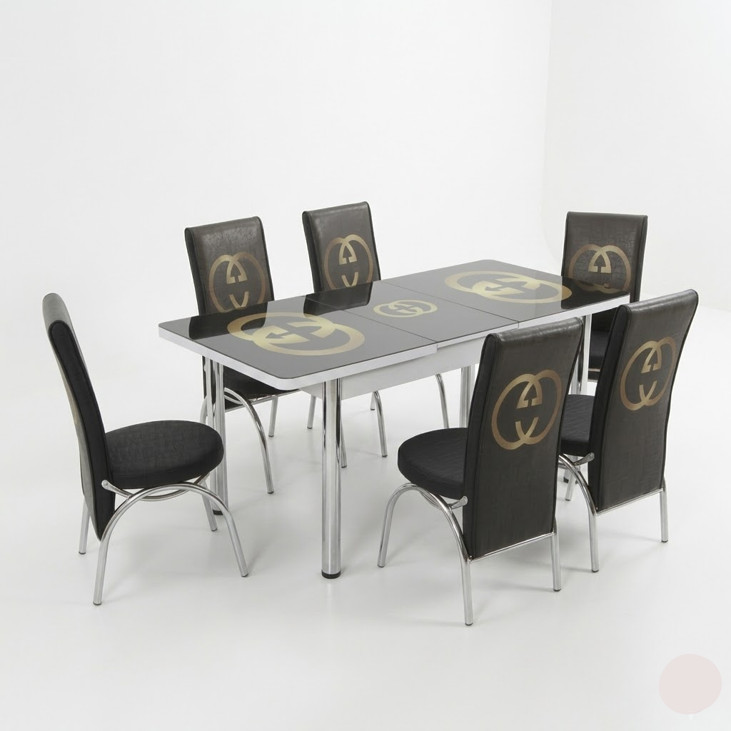 Dining table set with six chairs featuring a logo on a white background