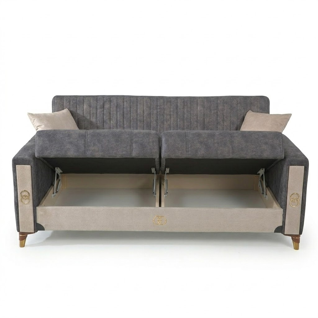 Gray sofa with storage compartment on a white background