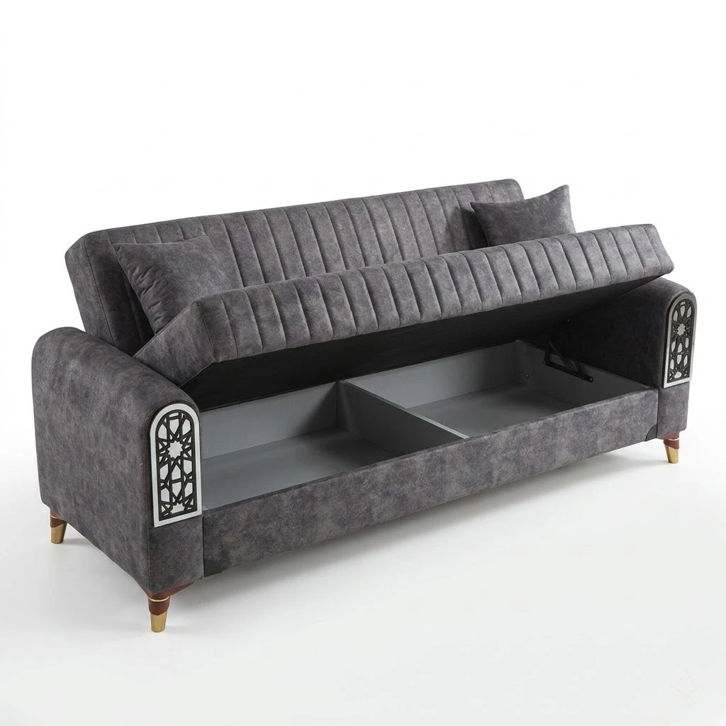 Gray sofa bed with storage compartments on a white background