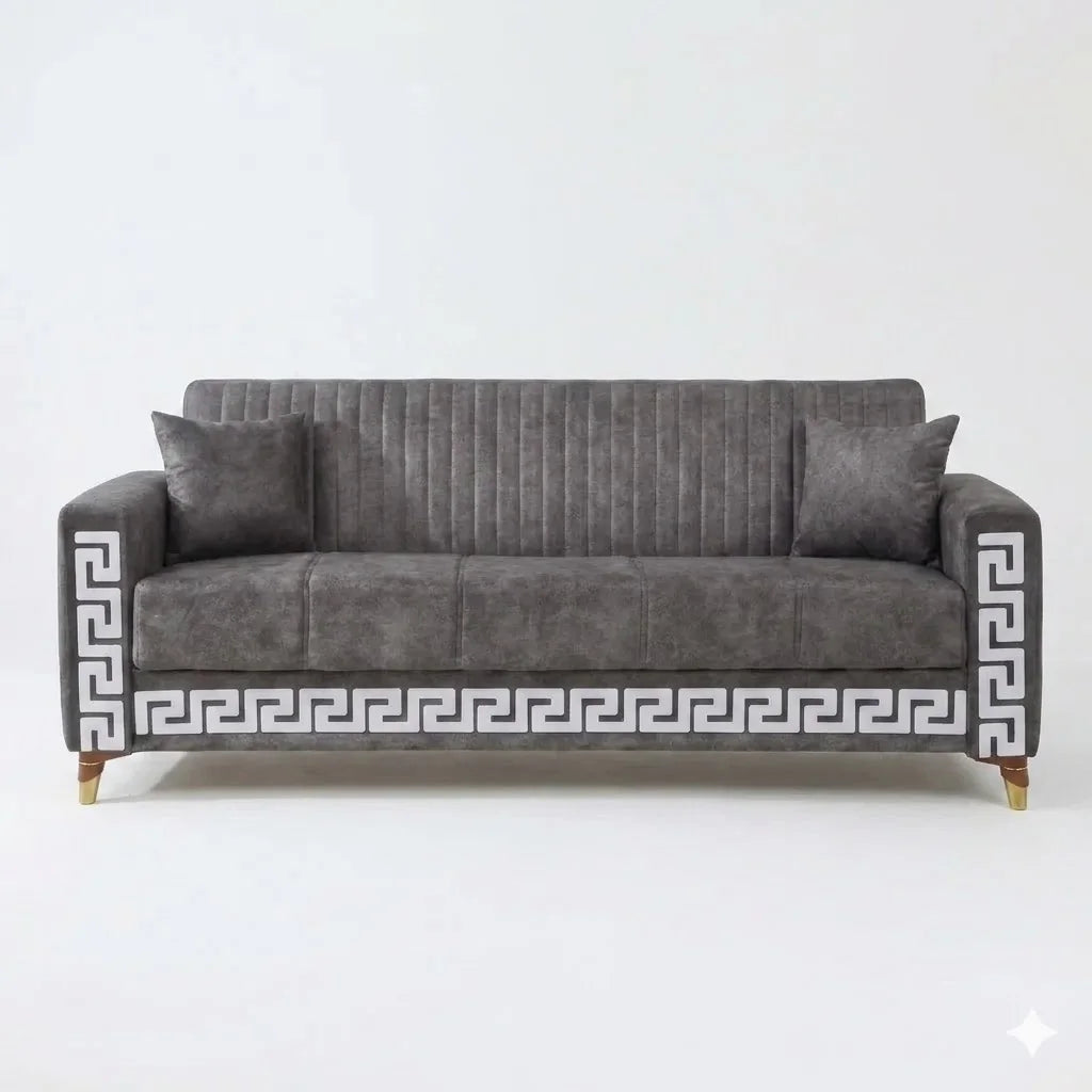 Gray sofa with decorative pattern on a white background
