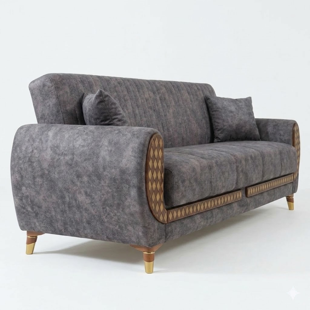 Gray sofa with decorative wooden trim on a white background