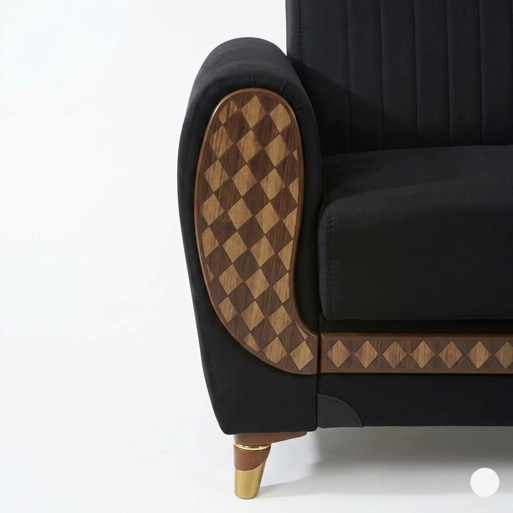 Black armchair with wooden checkered armrests on a white background