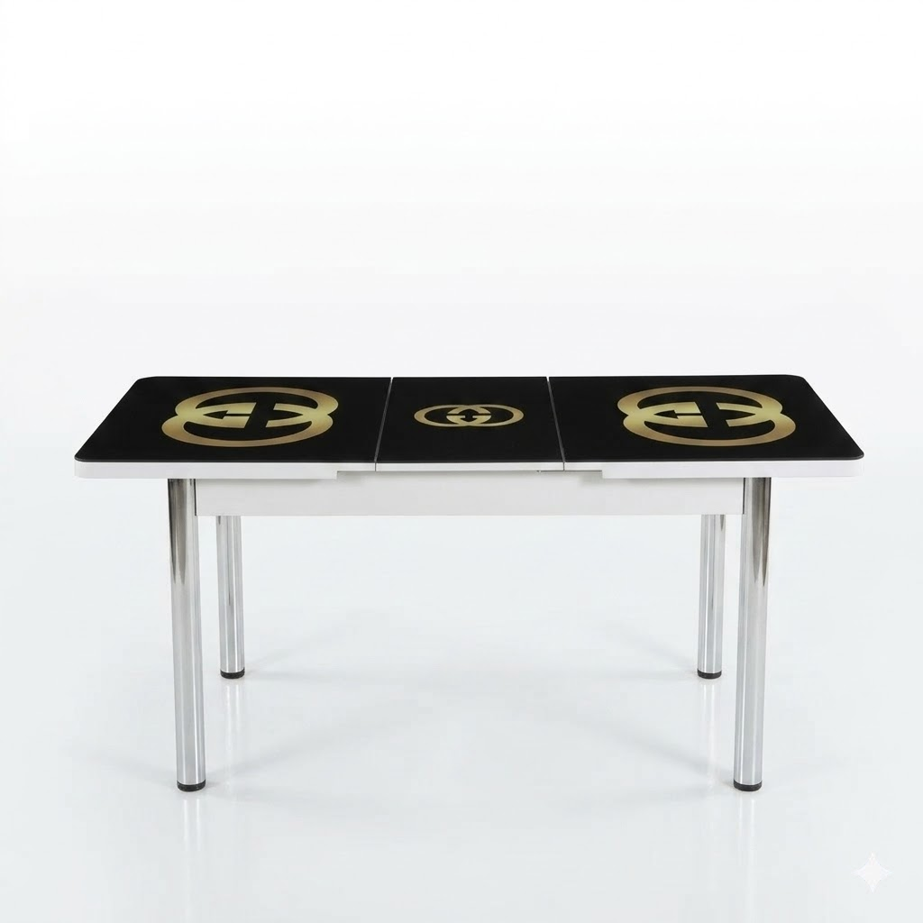 Table with black surface featuring gold circular designs on a white background