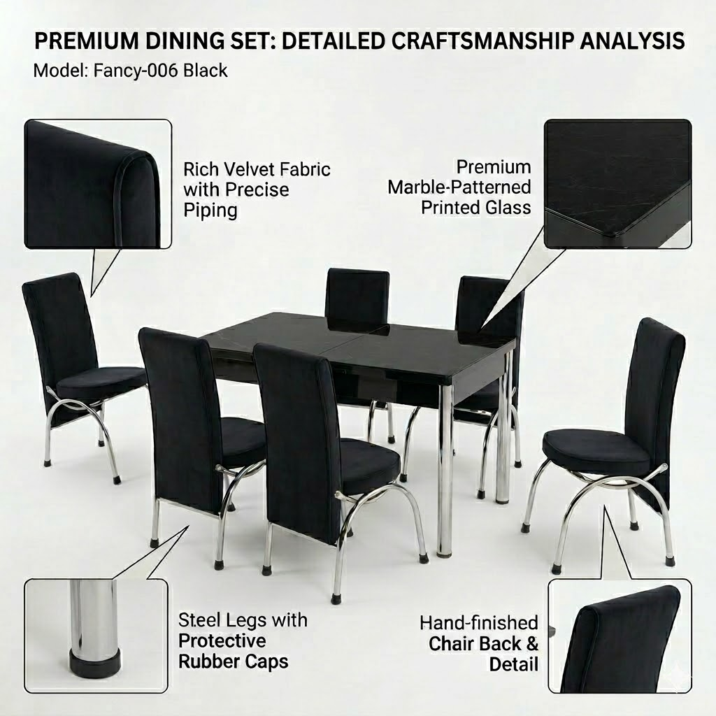 Black dining set with detailed craftsmanship analysis on a white background