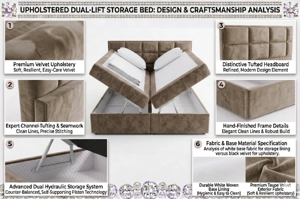 Upholstered dual-lift storage bed with design and craftsmanship analysis on a white background.