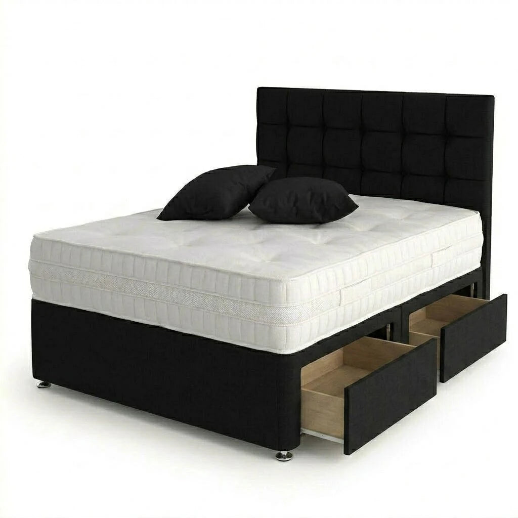 Black bed frame with white mattress and black pillows on a white background