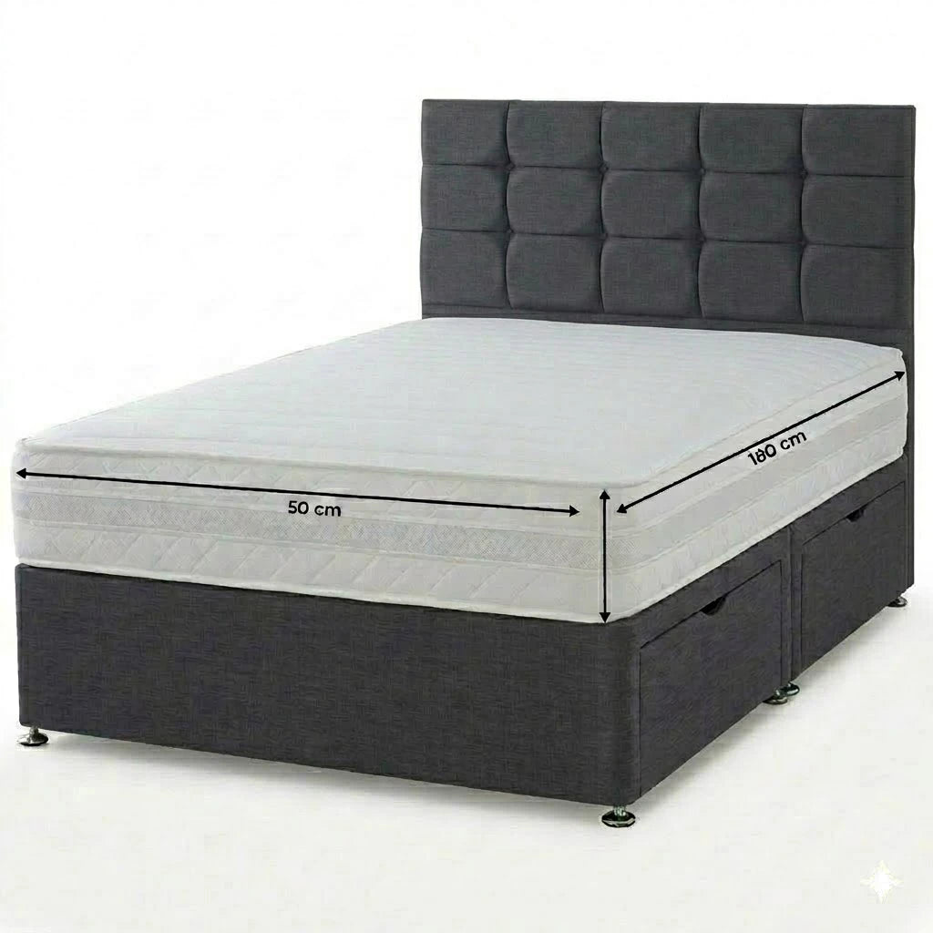 Gray upholstered bed with mattress showing dimensions on a white background