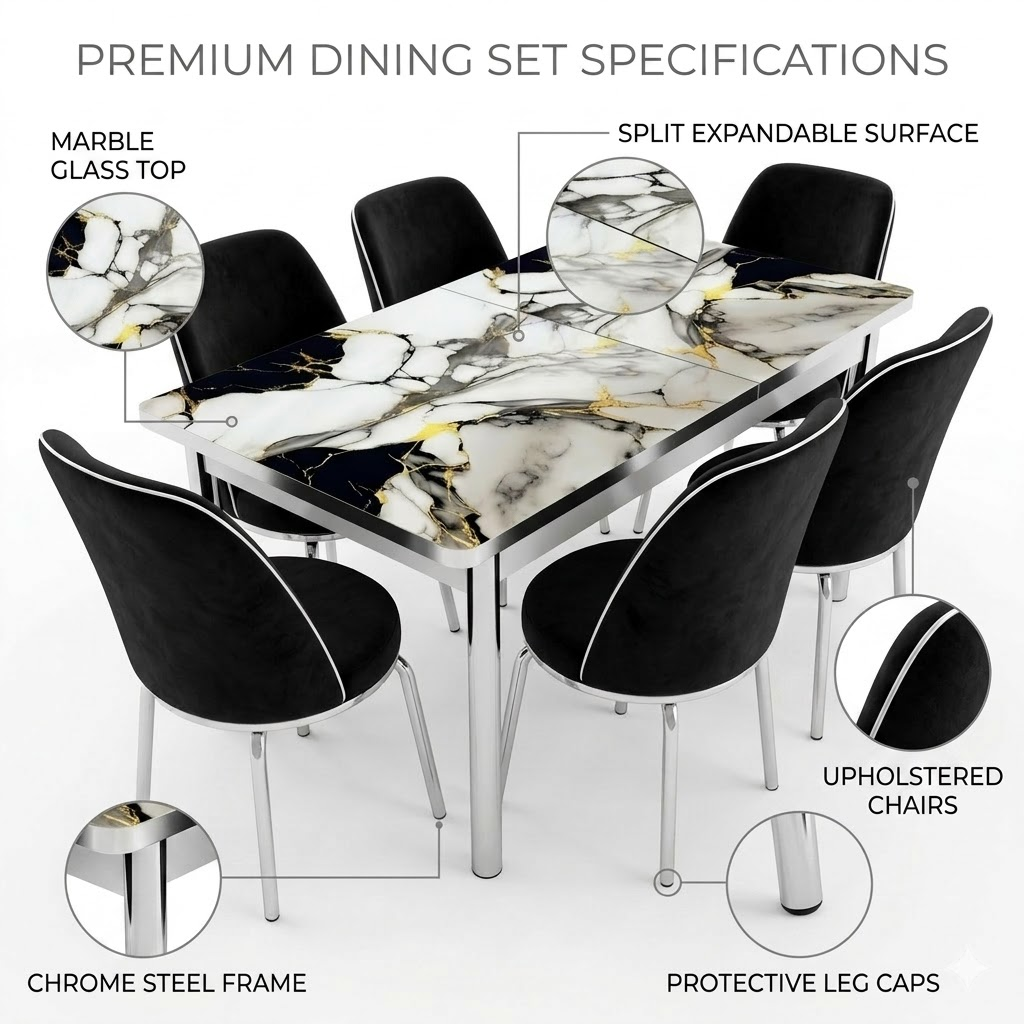 Luxury Black Marble Printed Glass Dining Set with Premium Velvet Chairs