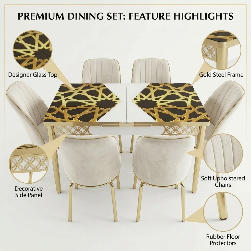 Luxury White and Gold Printed Glass Dining Set with Premium Velvet Chairs