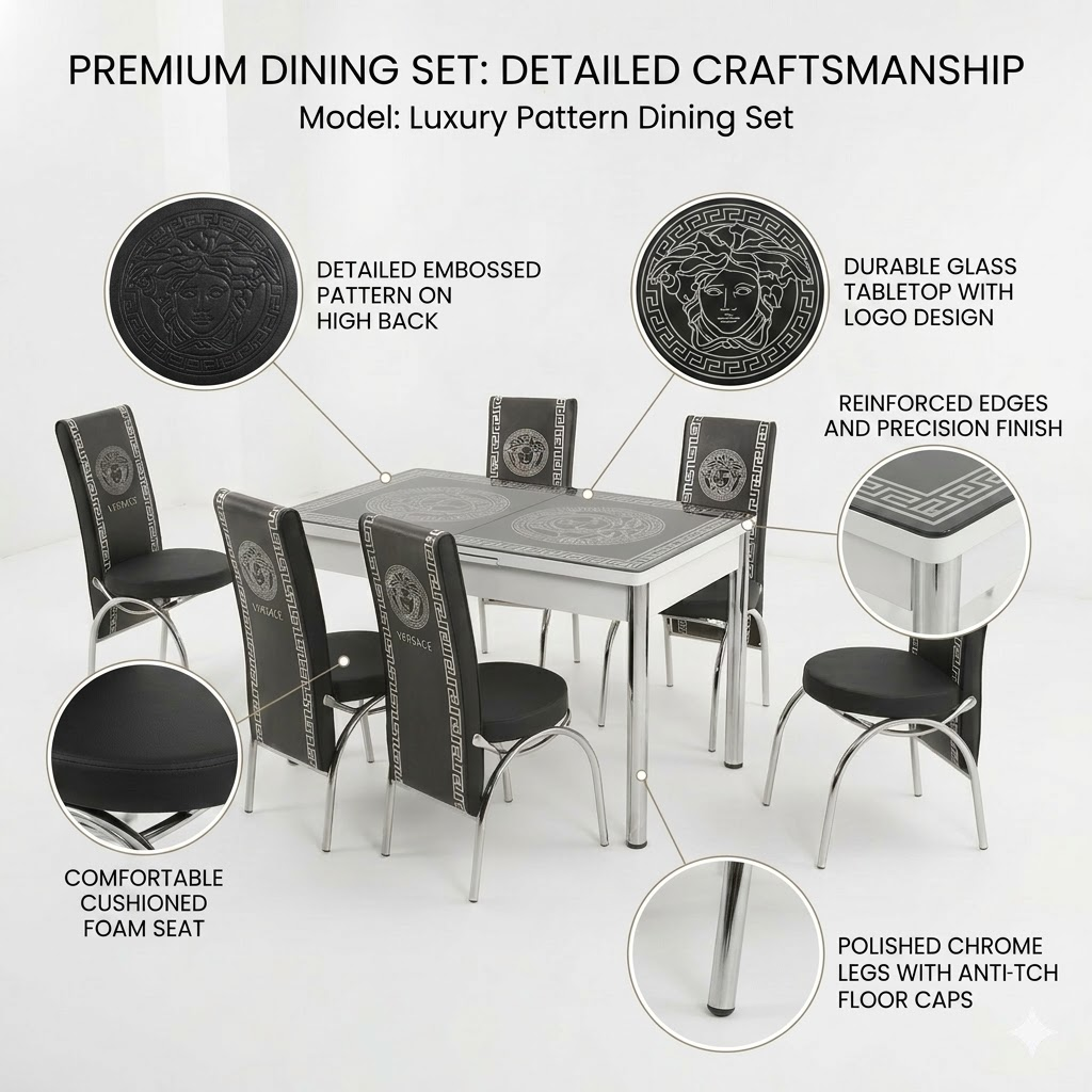 Premium Turkish Dining Set with Luxury Versace Printed Glass Top and 6 Chairs