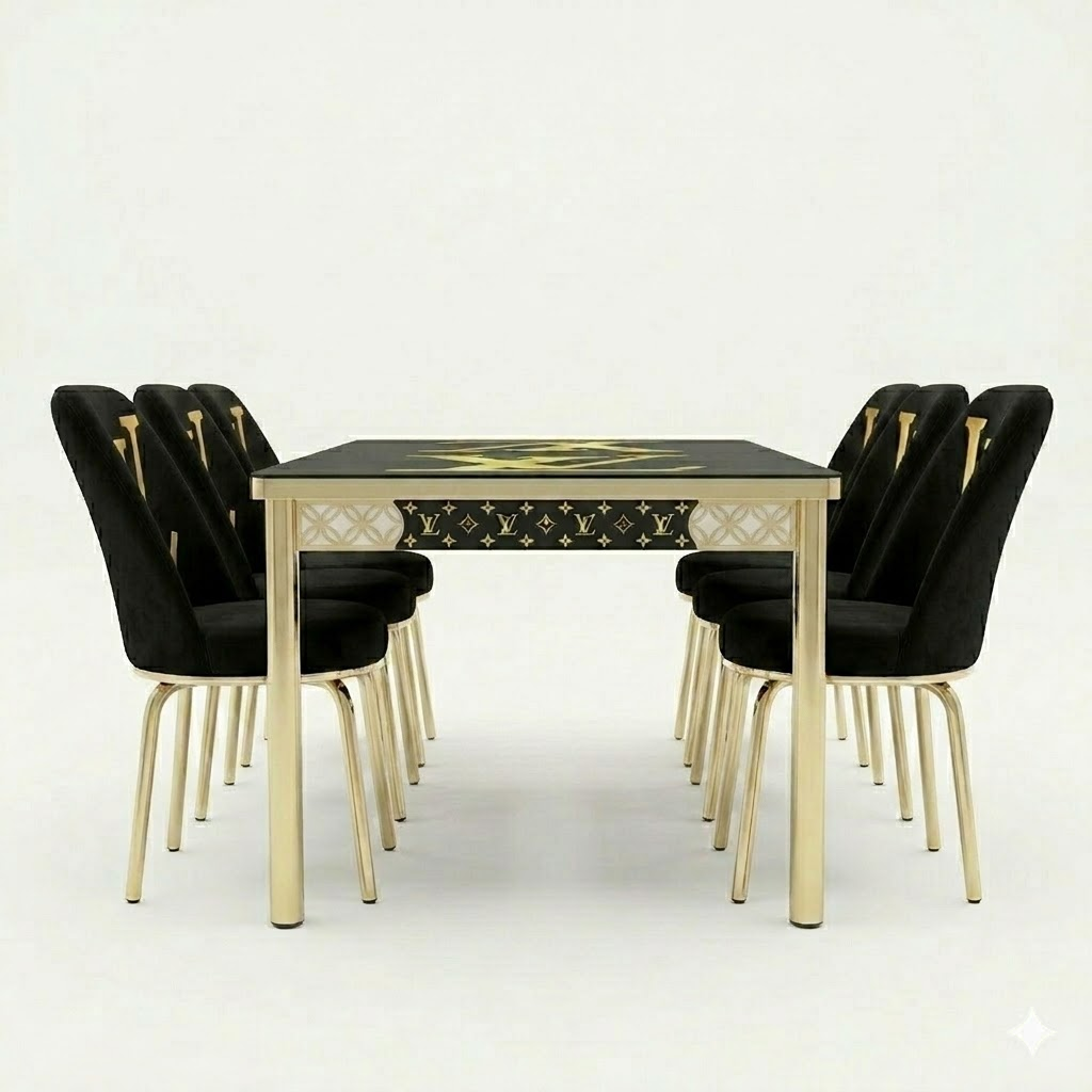 Luxury LV Black & Gold 6-Seater Extendable Dining Set with Printed Glass Top