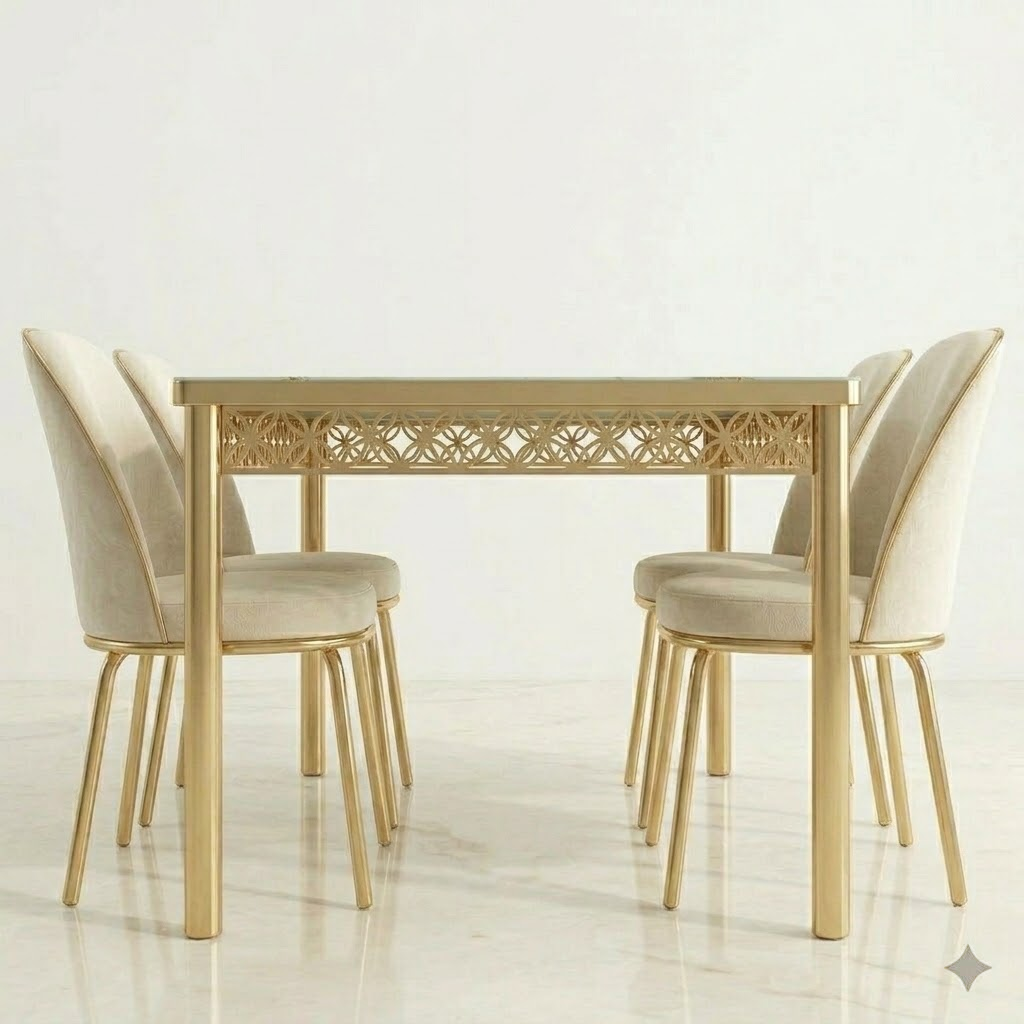 Luxury White and Gold Printed Glass Dining Set with Premium Velvet Chairs