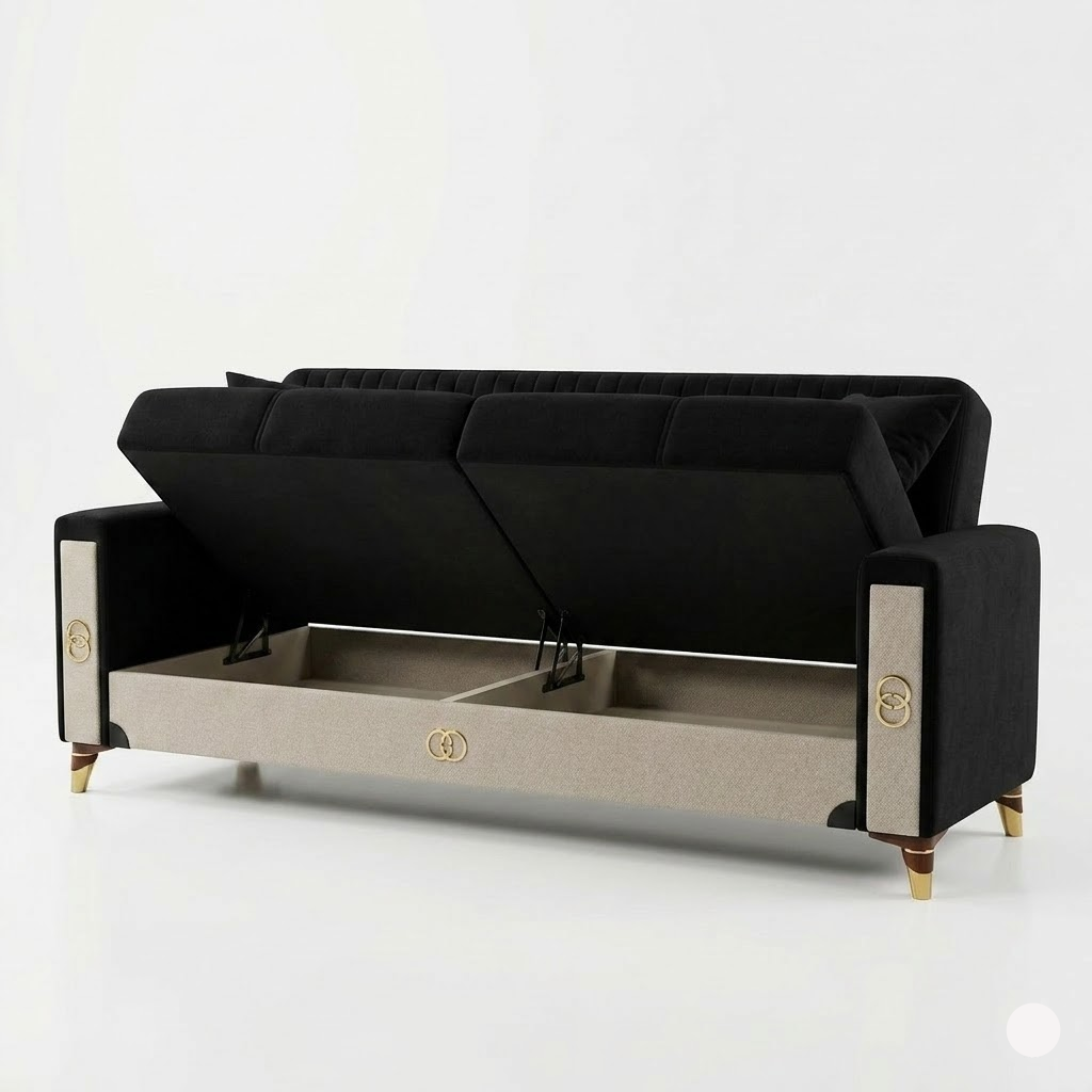 Black sofa with storage compartment on a white background