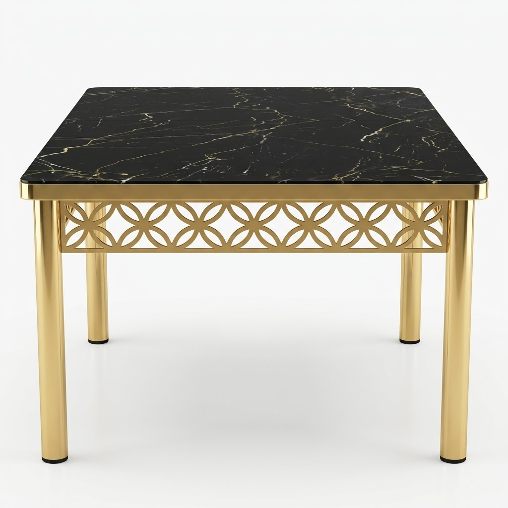 Table with black marble top and gold metal legs on a white background