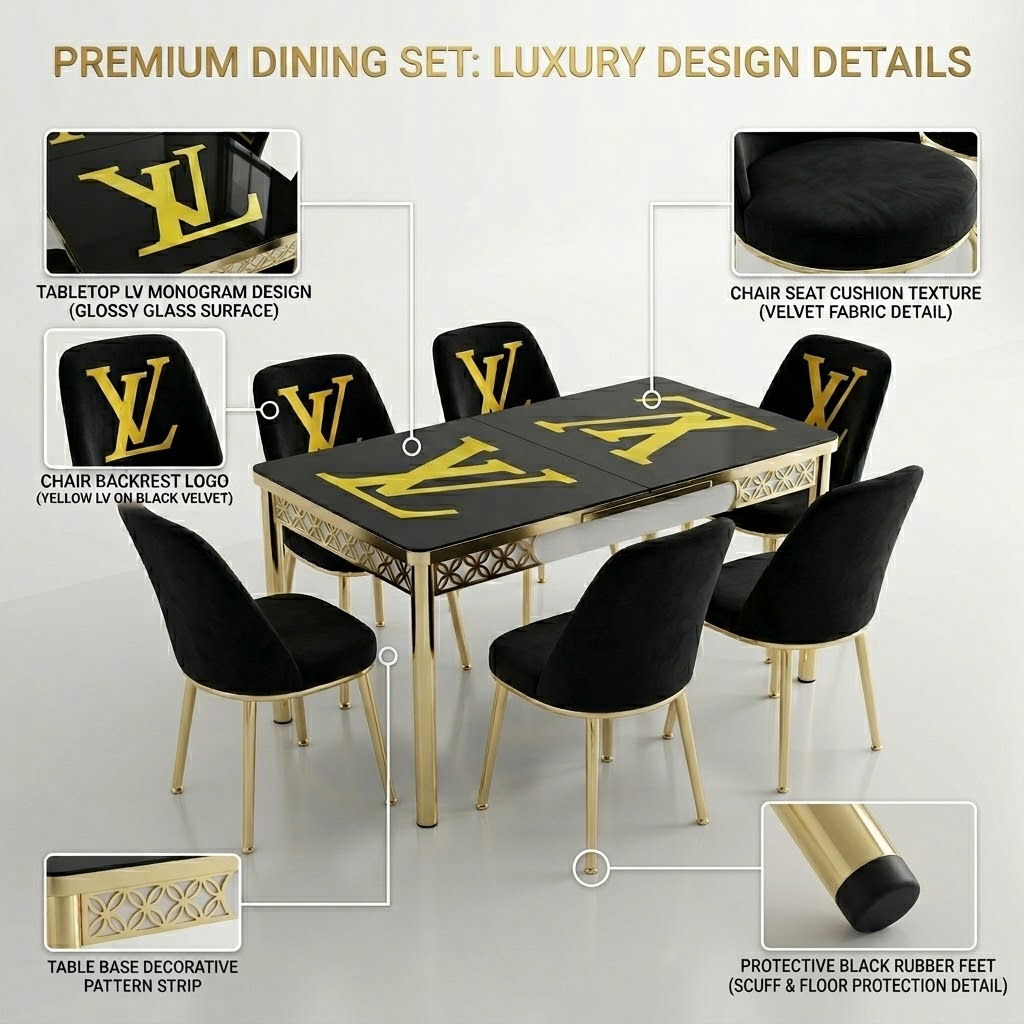 Luxury LV Black & Gold 6-Seater Extendable Dining Set with Printed Glass Top