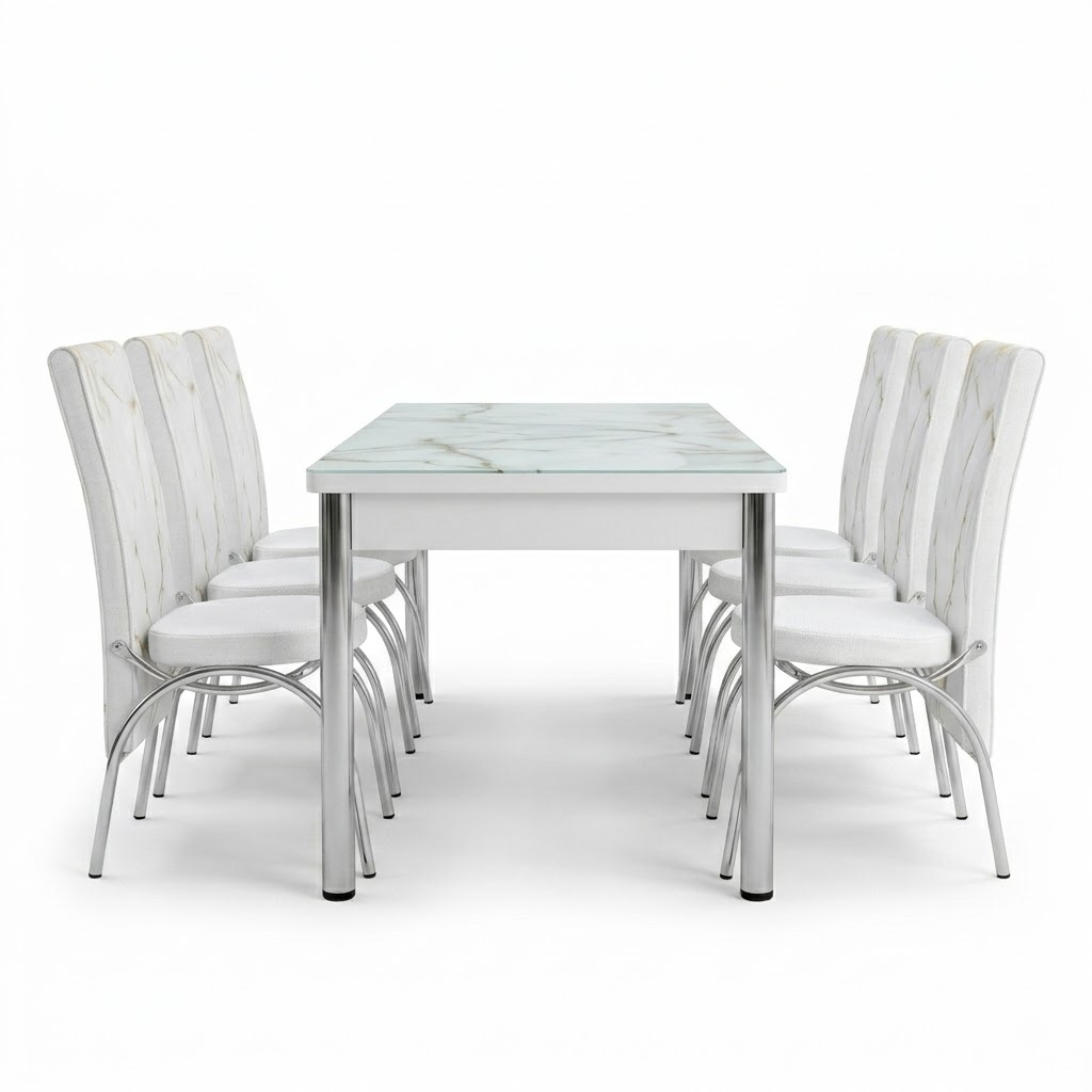 Premium White Marble Turkish Dining Set with 6 Elegant Chairs Luxury Modern Collection