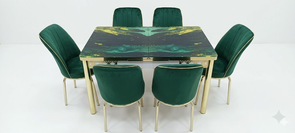 Luxury Green Velvet Dining Set with Gold Coated Steel Frame Table With 6 Chairs