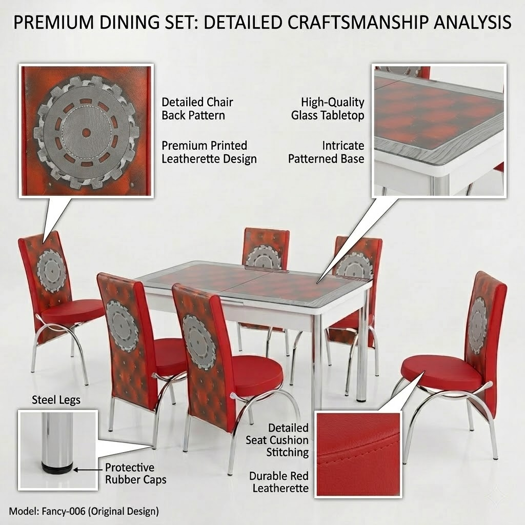 Premium Turkish Dining Set with Regzine Chairs ,Printed Glass Table Top & Steel Legs