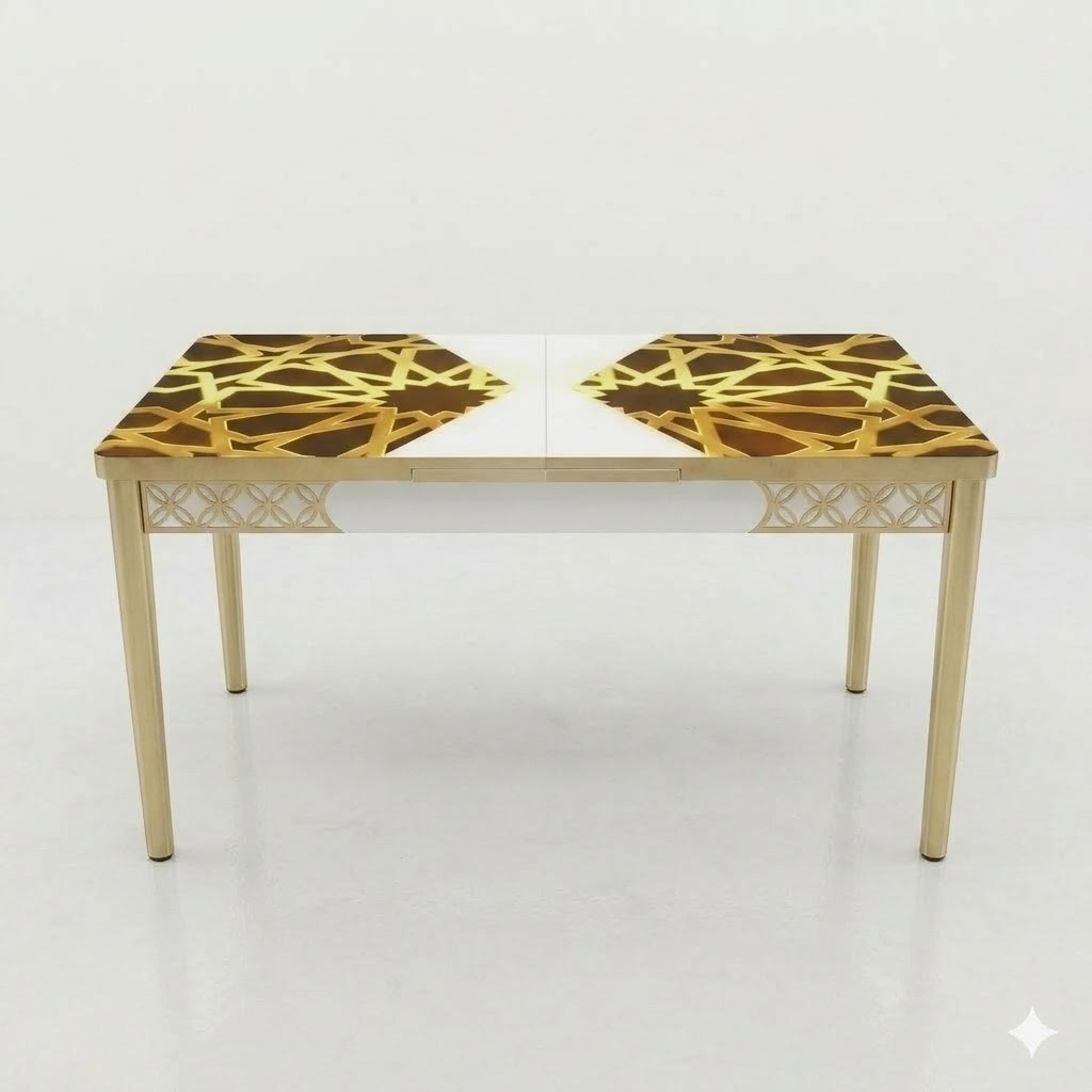 Luxury White and Gold Printed Glass Dining Set with Premium Velvet Chairs
