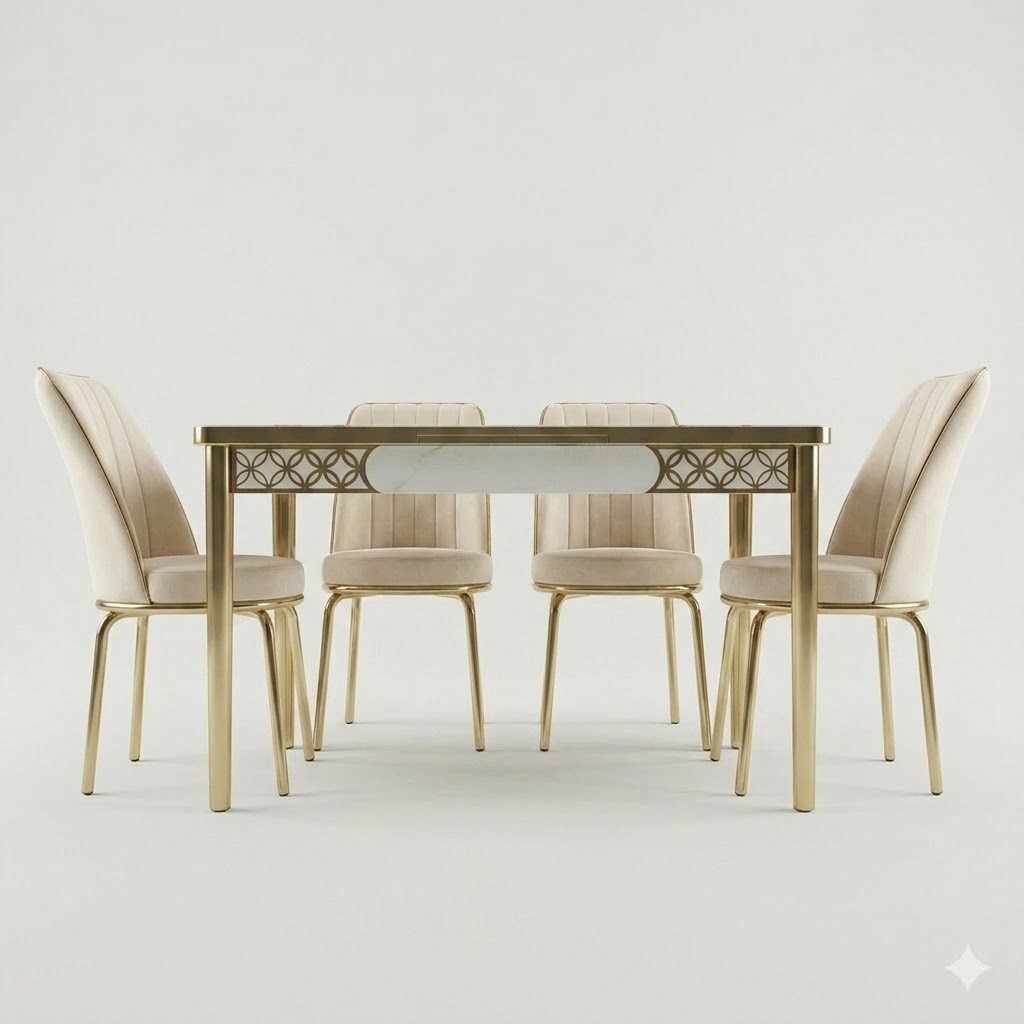 Luxury White and Gold Printed Glass Dining Set with Premium Velvet Chairs