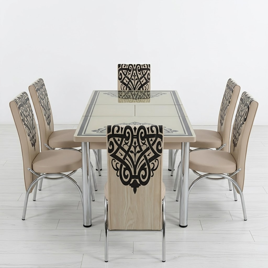 Elegant Turkish Style 6-Seater Dining Set with Printed Glass Top & Steel Legs (Beige Finish)
