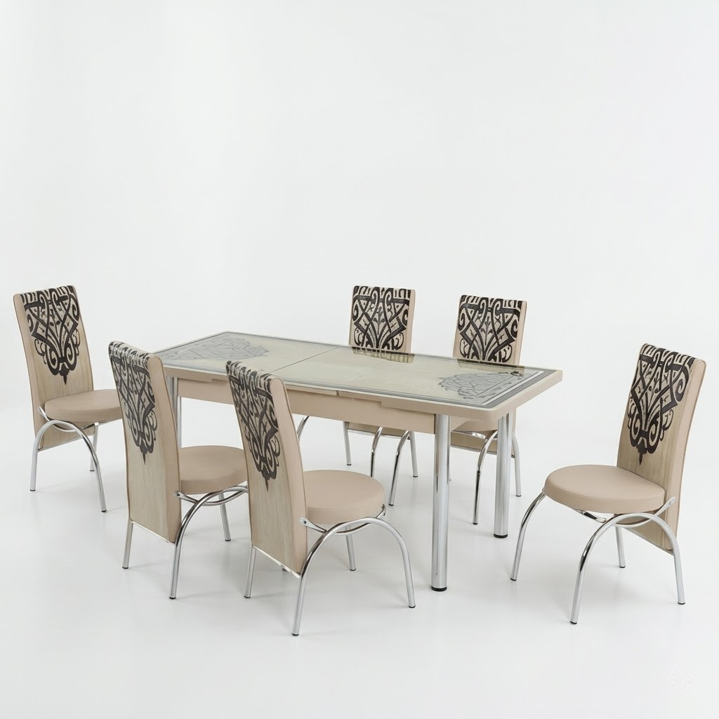 Elegant Turkish Style 6-Seater Dining Set with Printed Glass Top & Steel Legs (Beige Finish)