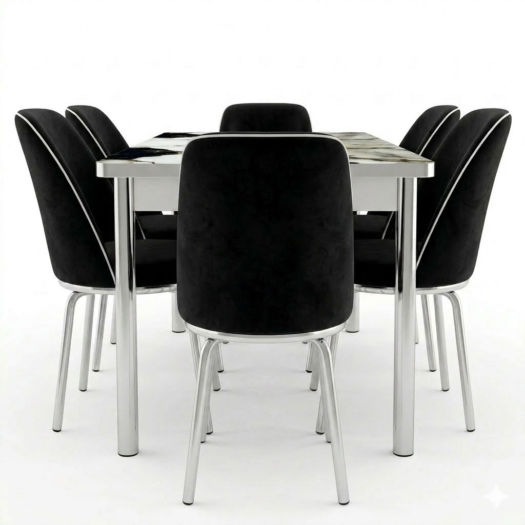 Luxury Black Marble Printed Glass Dining Set with Premium Velvet Chairs