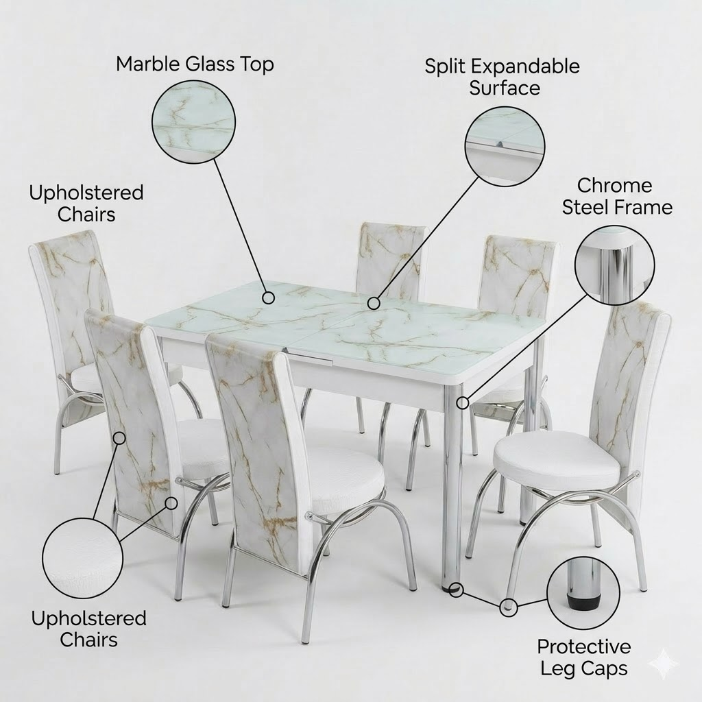 Premium White Marble Turkish Dining Set with 6 Elegant Chairs Luxury Modern Collection