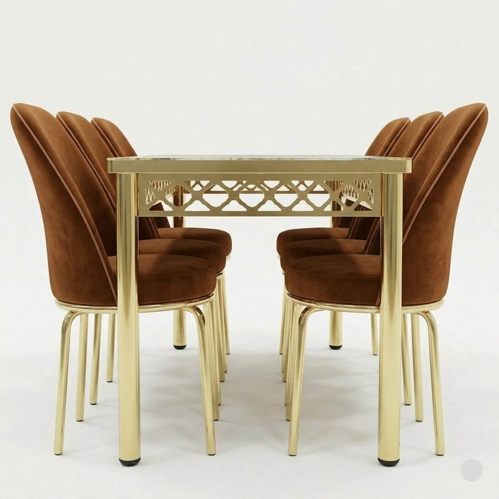 Dining set with gold table and brown chairs on a white background