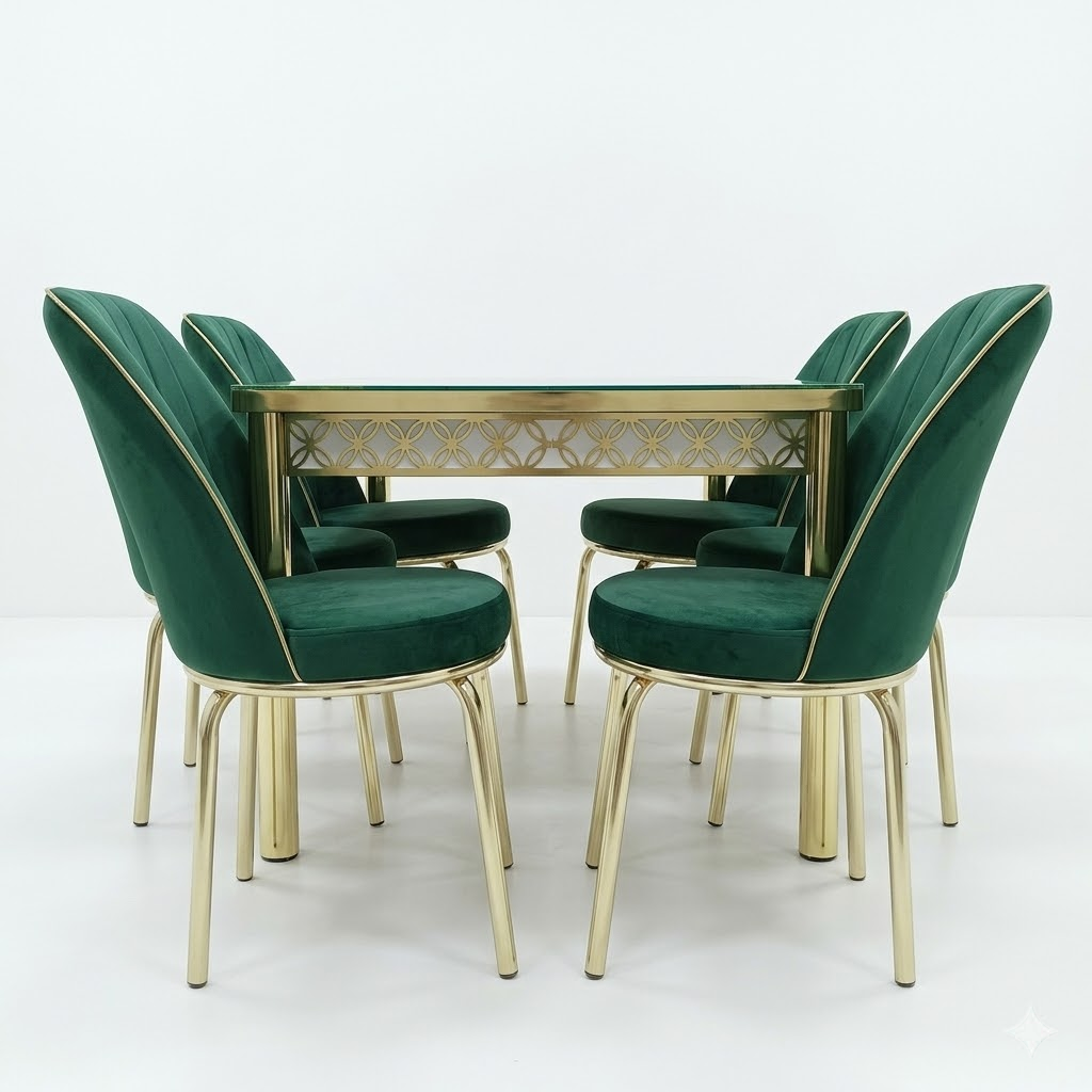 Luxury Green Velvet Dining Set with Gold Coated Steel Frame Table With 6 Chairs