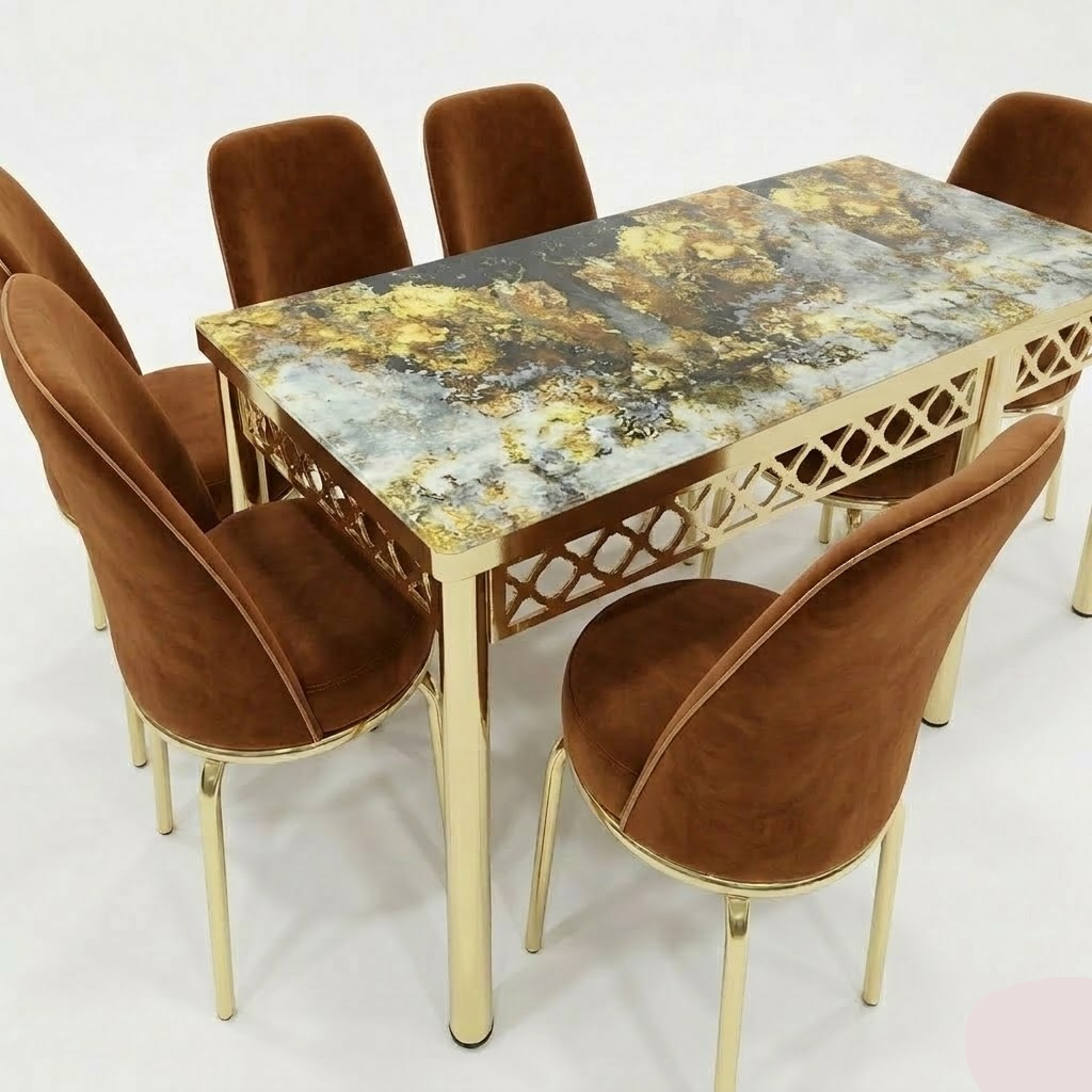 Luxury Gold Dining Set with Premium Velvet Chairs and Printed Glass Top