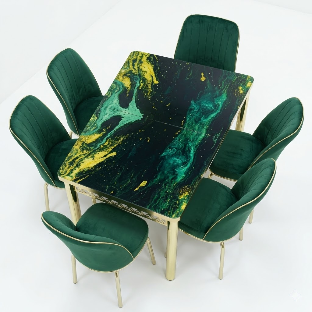 Luxury Green Velvet Dining Set with Gold Coated Steel Frame Table With 6 Chairs