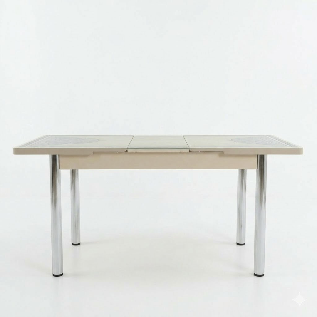 Elegant Turkish Style 6-Seater Dining Set with Printed Glass Top & Steel Legs (Beige Finish)