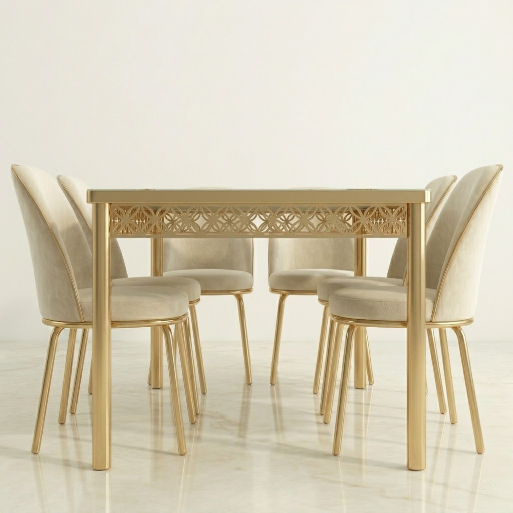 Luxury White and Gold Printed Glass Dining Set with Premium Velvet Chairs