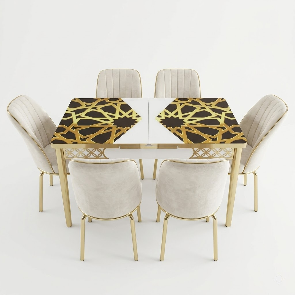 Luxury White and Gold Printed Glass Dining Set with Premium Velvet Chairs