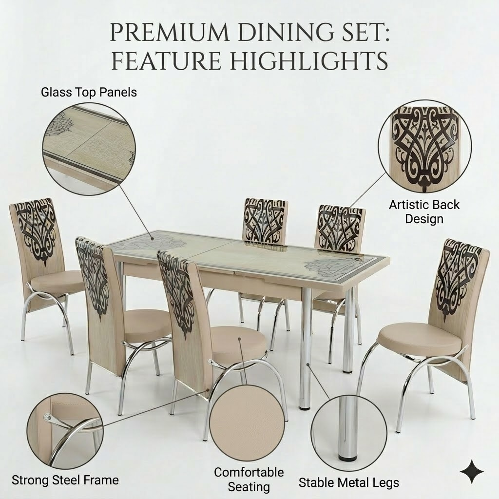 Elegant Turkish Style 6-Seater Dining Set with Printed Glass Top & Steel Legs (Beige Finish)