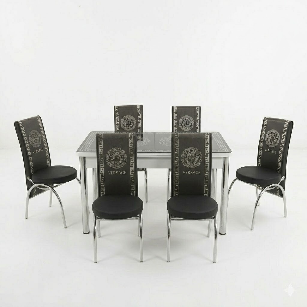 Premium Turkish Dining Set with Luxury Versace Printed Glass Top and 6 Chairs