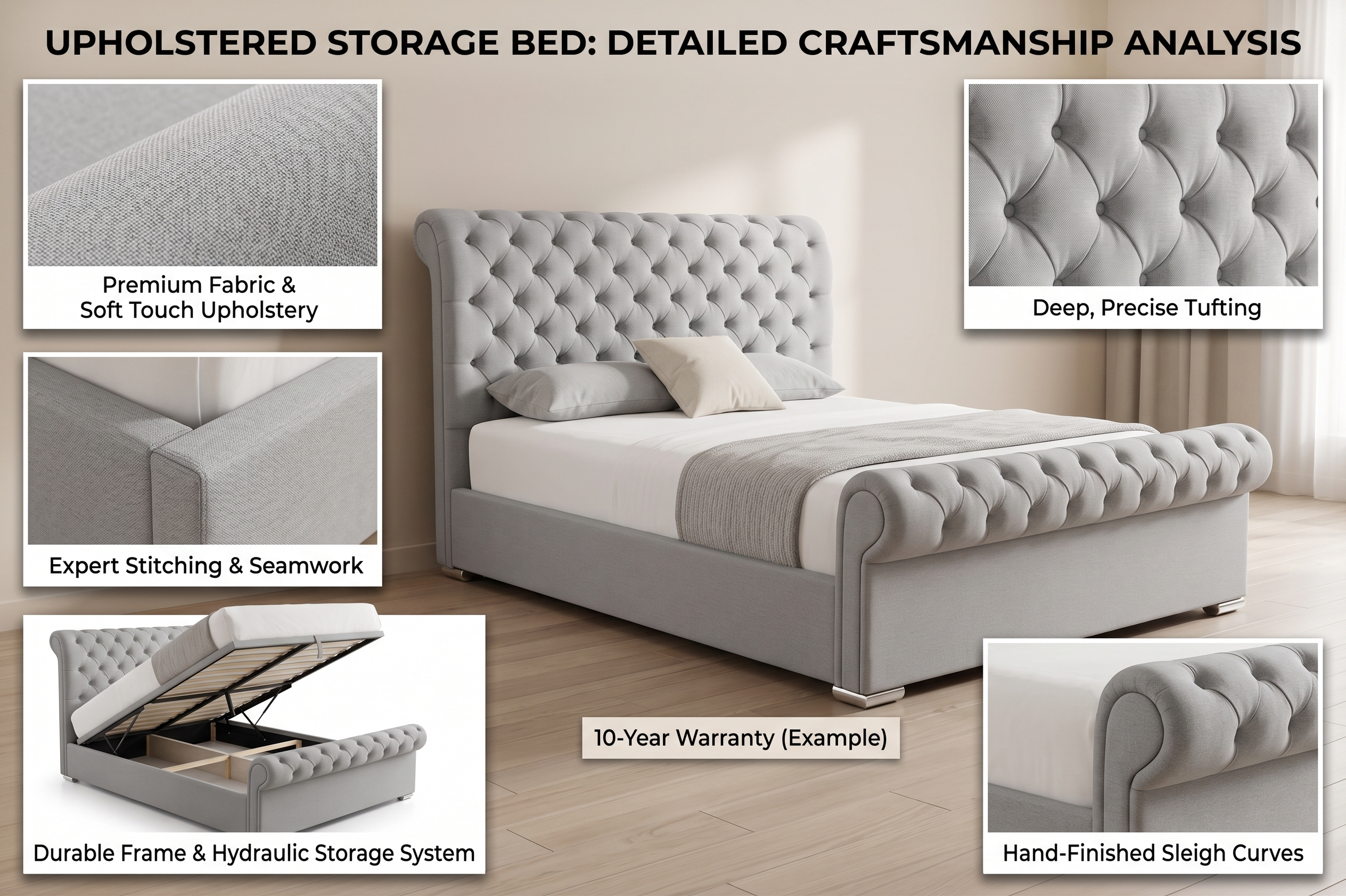 Premium Sleigh  Beds with Metal Legs, Luxury Stitching & With Spring Mattress