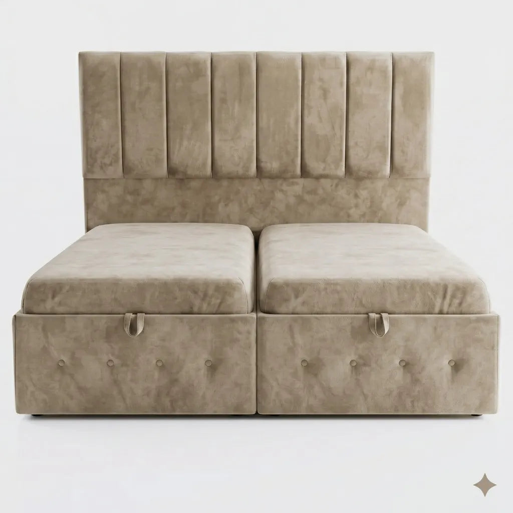 Premium Velvet Gas-Lift Storage Bed with Steel Legs & Upholstered Headboard