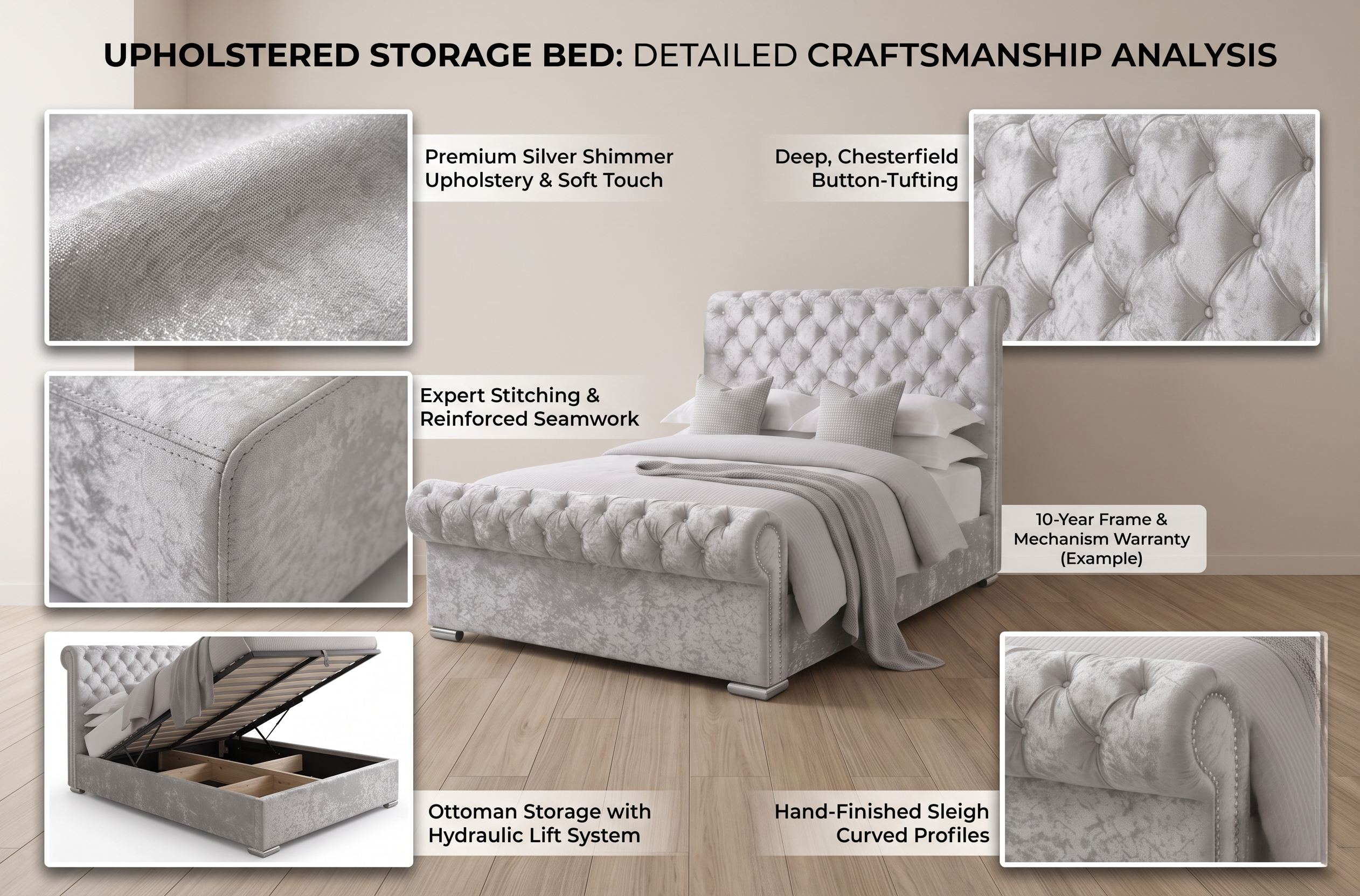 Premium Sleigh  Beds with Metal Legs, Luxury Stitching & With Spring Mattress