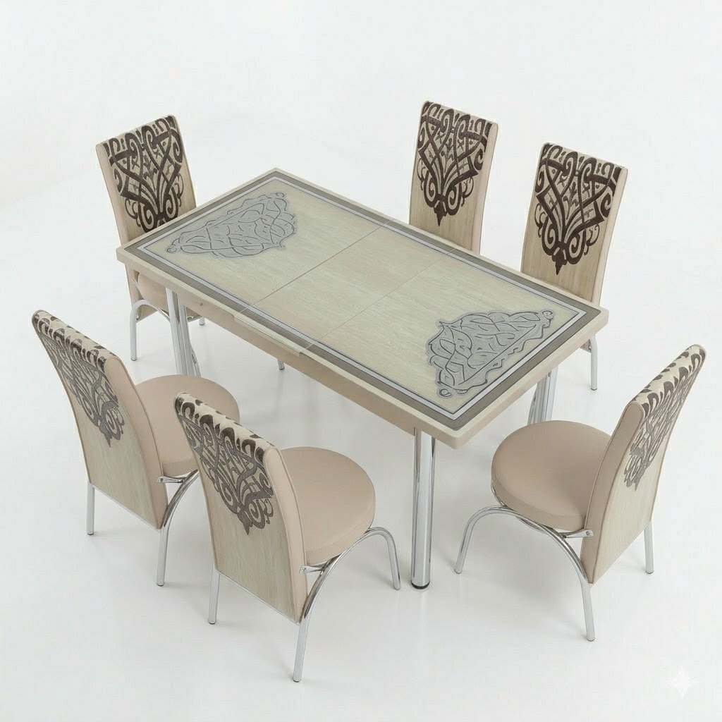 Elegant Turkish Style 6-Seater Dining Set with Printed Glass Top & Steel Legs (Beige Finish)