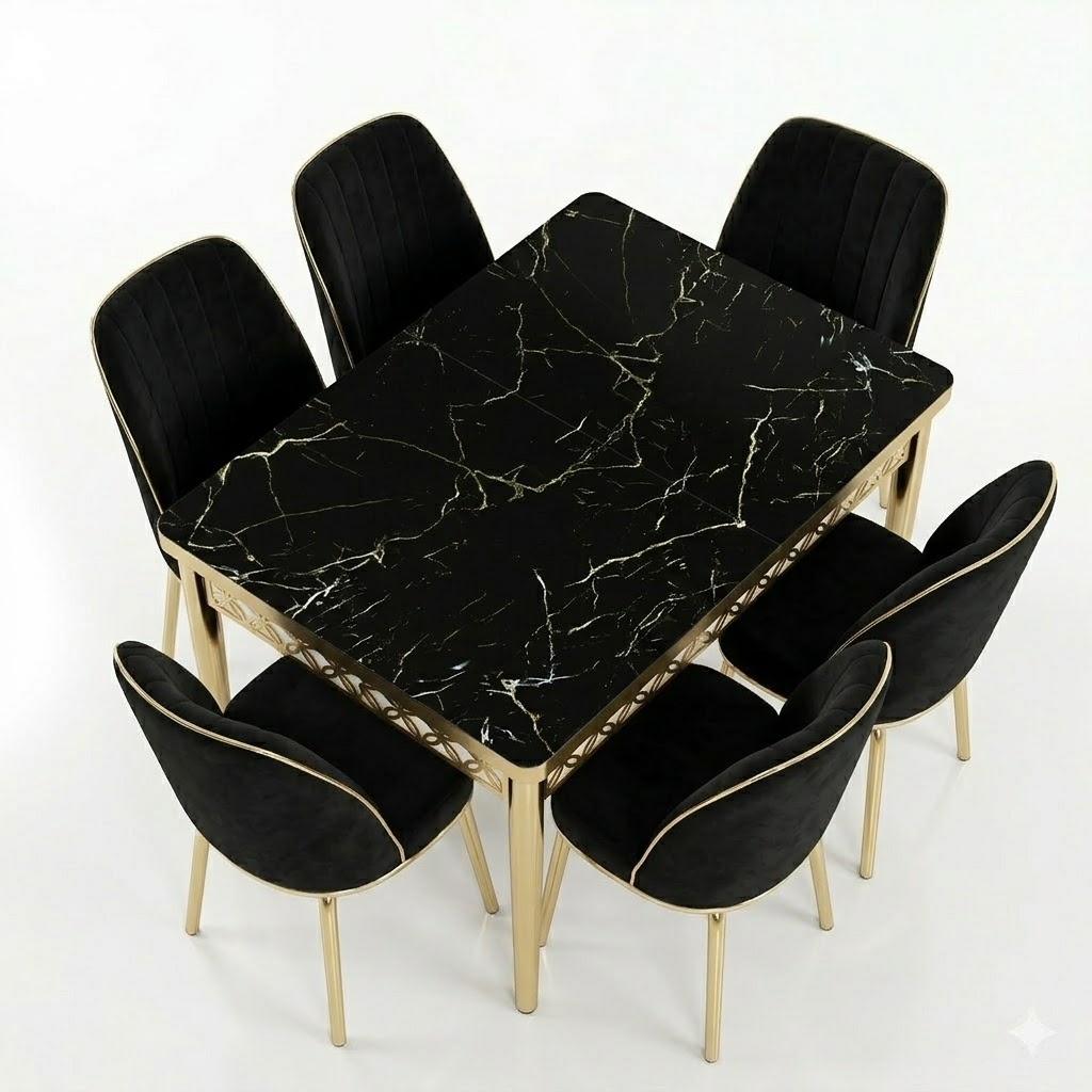 Luxury 6-Seater Black Marble Dining Table Set with Gold Frame and Upholstered Chairs