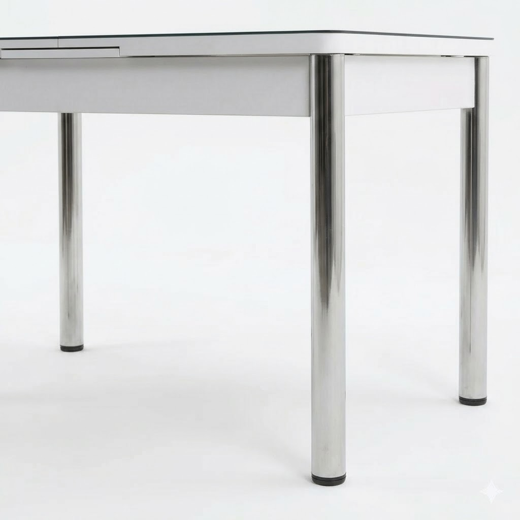 Close-up of a table with a glass top and metal legs on a white background