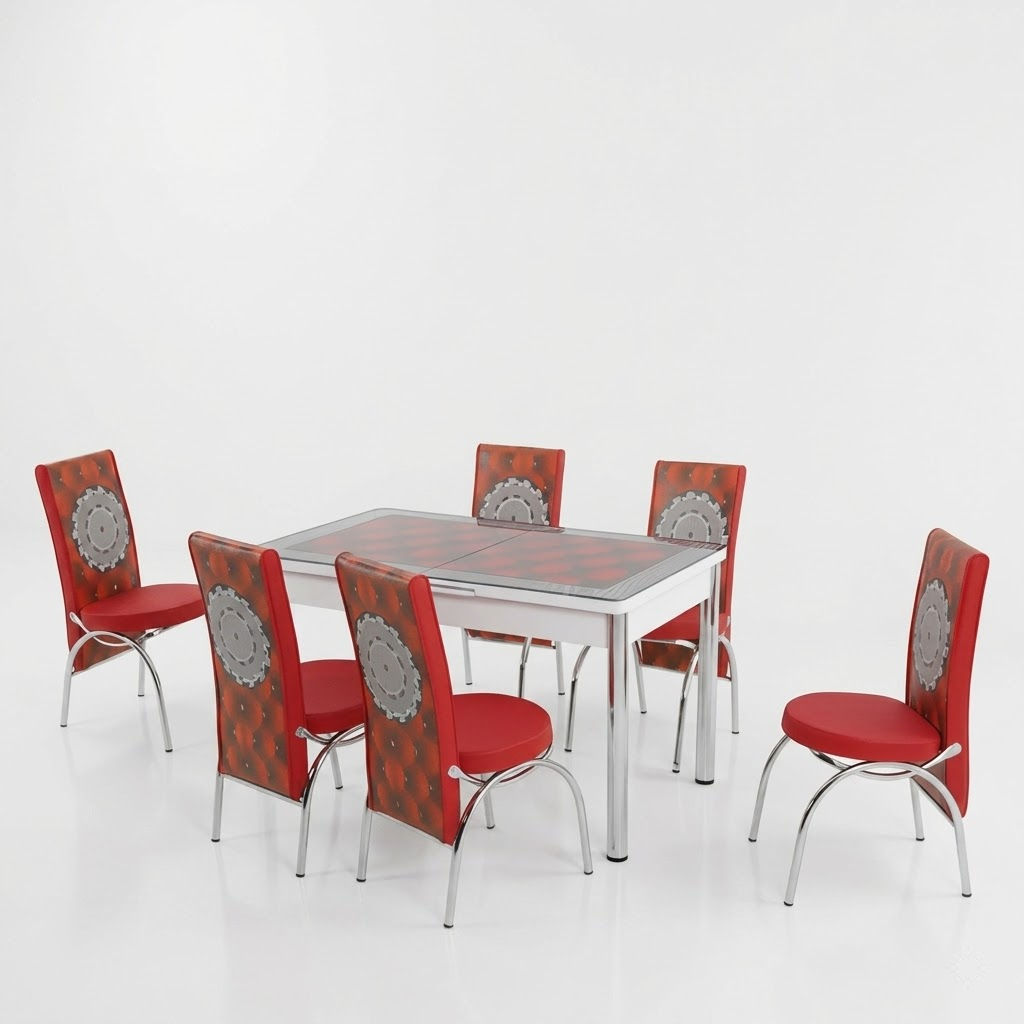 Premium Turkish Dining Set with Regzine Chairs ,Printed Glass Table Top & Steel Legs