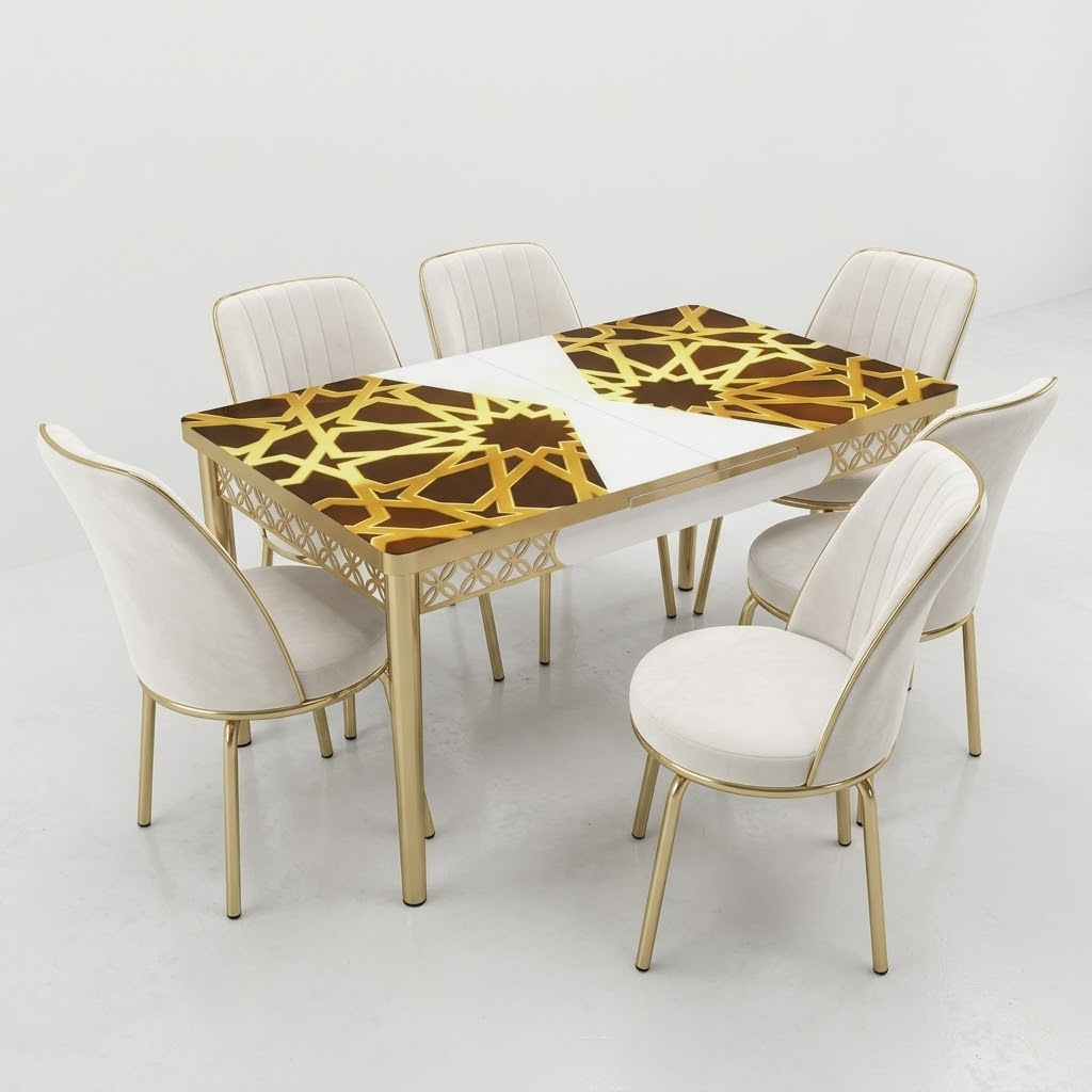 Luxury White and Gold Printed Glass Dining Set with Premium Velvet Chairs