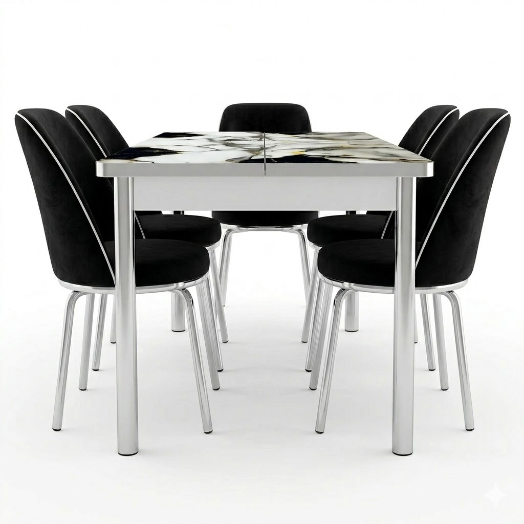 Luxury Black Marble Printed Glass Dining Set with Premium Velvet Chairs