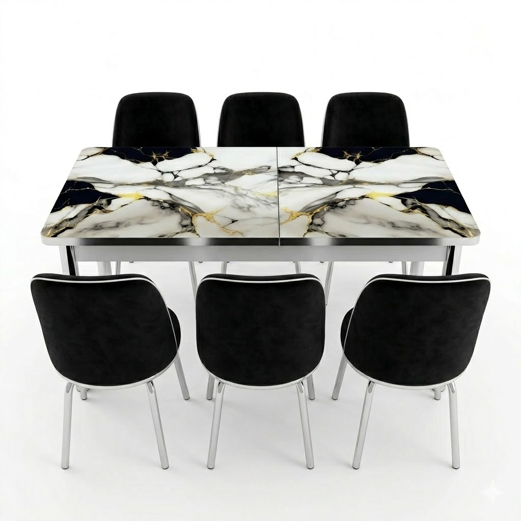 Luxury Black Marble Printed Glass Dining Set with Premium Velvet Chairs