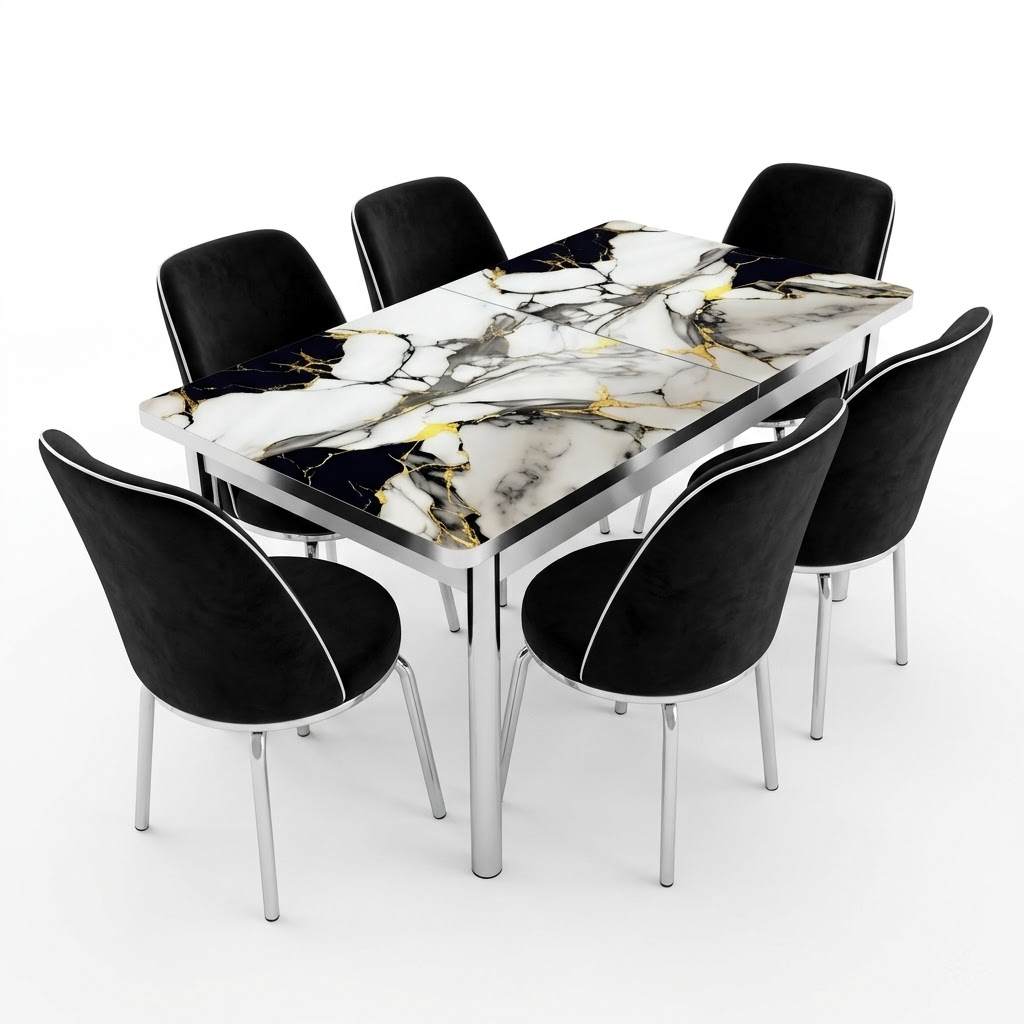 Luxury Black Marble Printed Glass Dining Set with Premium Velvet Chairs
