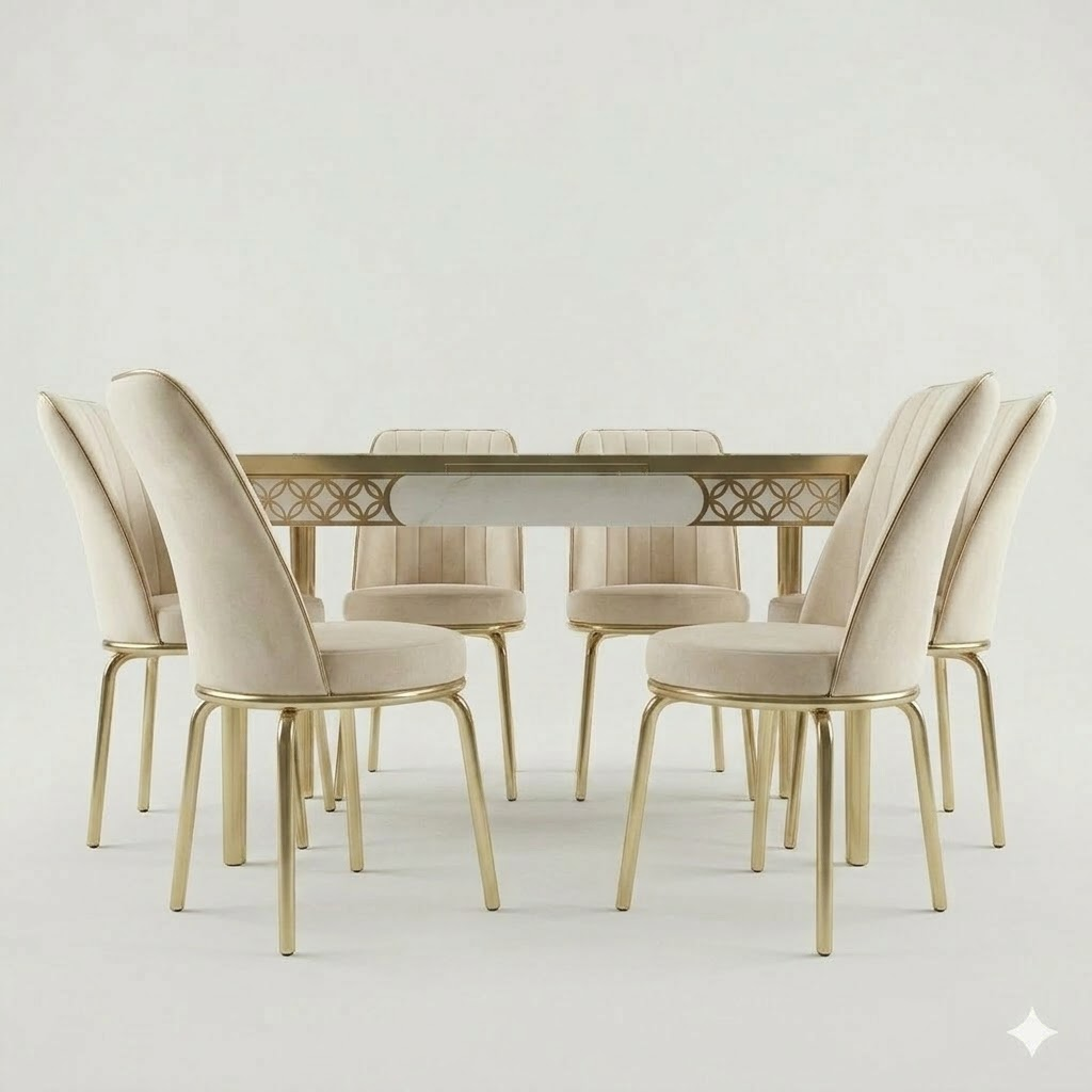 Luxury White and Gold Printed Glass Dining Set with Premium Velvet Chairs